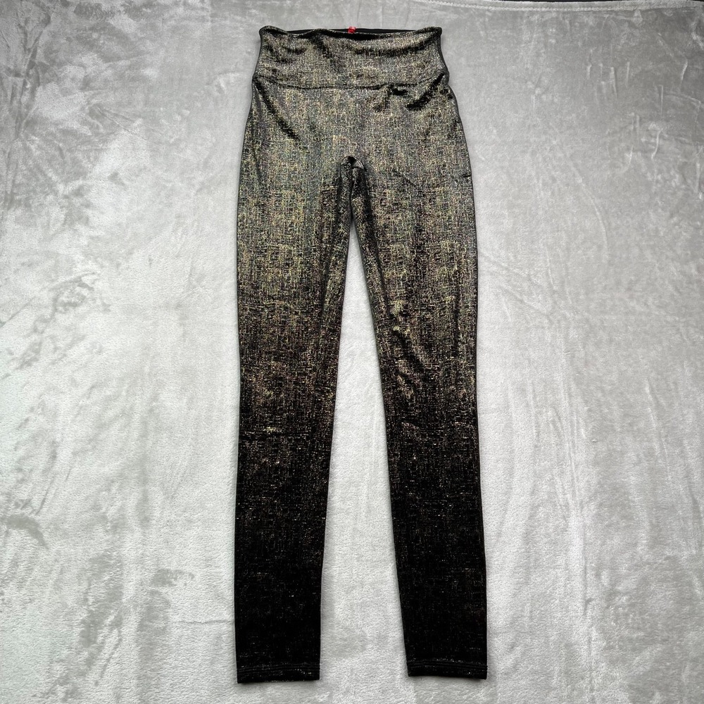 Spanx Metallic Leggings Womens S Petite Black‎ Gold Shimmer Pull On Full Length